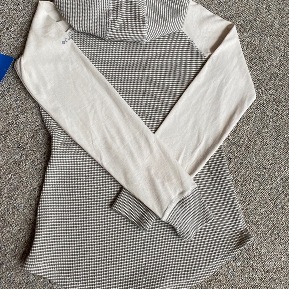 Columbia Waffle Knit Hoodie Striped Tan Top Long Sleeves Cotton Outerwear - Picture 4 of 5